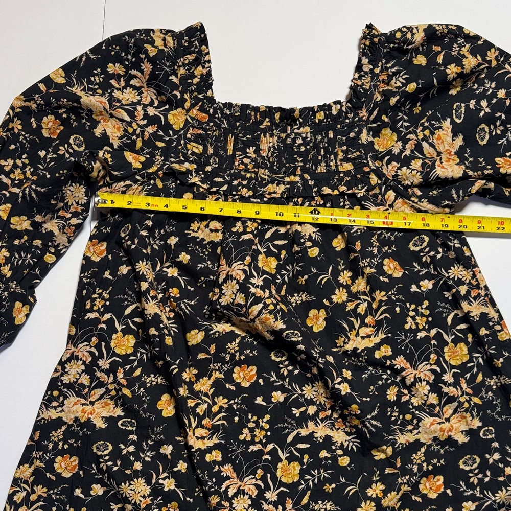 DÔEN Acton Baby Doll Mini Dress Navy Oaks Bluffs Floral Smocked Square Neck L - Picture 8 of 12